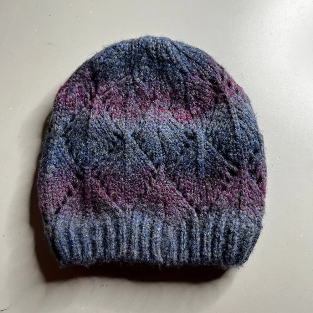 Prana‎ Diamond Cable Knit Beanie Blue Purple Space Dye Wool Blend Winter Hat
